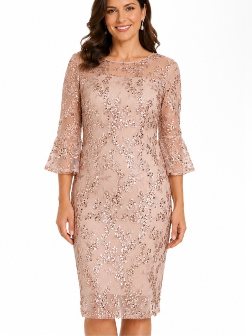 Alex Evenings Rose Gold Pink Floral Embroidered Sequin Sheath
Midi Dress